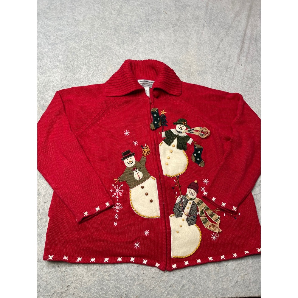 Tiara International Christmas Snowman Zip Cardigan Sweater Red Womens Large 2004